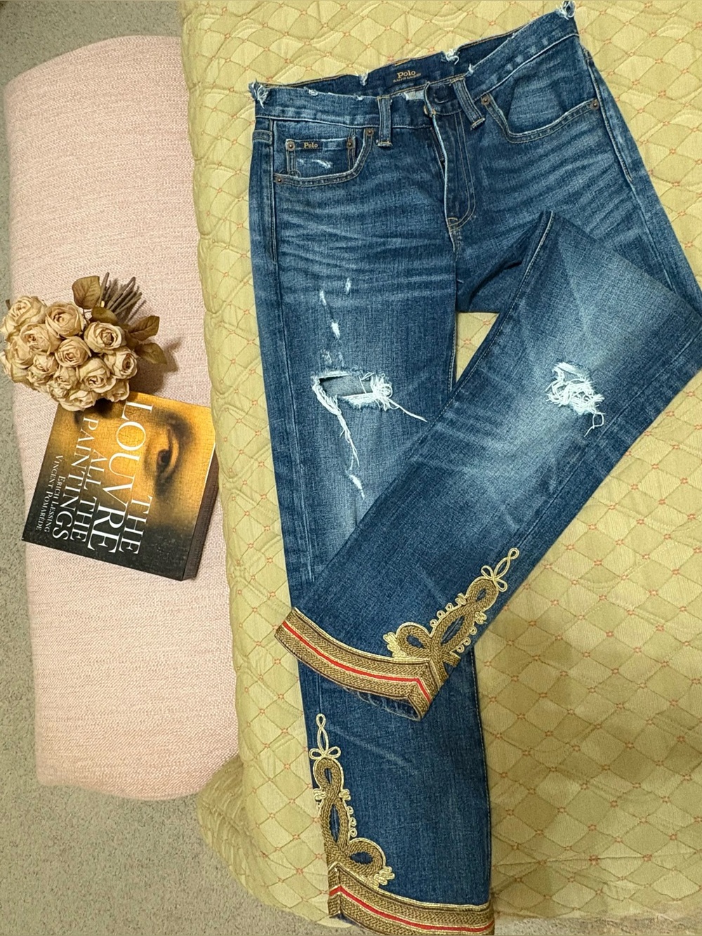 Polo by Ralph Lauren Distressed Embroidered Waverly Blue Slim Straight Jeans